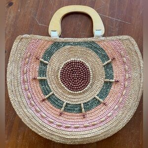 1990s Straw Bag, Purse, Beaded Sunburst Design Beach Tote Bag Wooden Handle